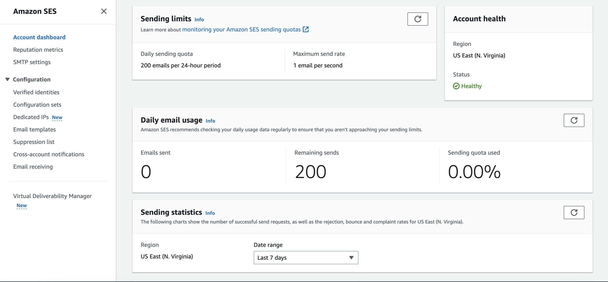 Amazon SES - in-app home page
