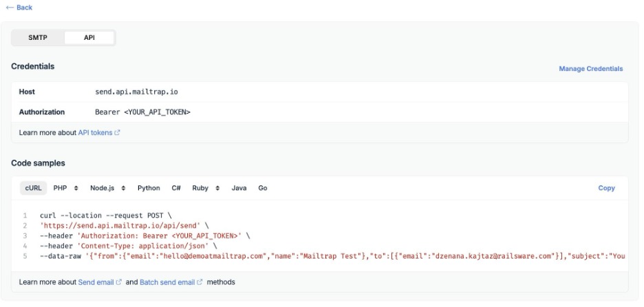 This is an image showing the Mailtrap API integration