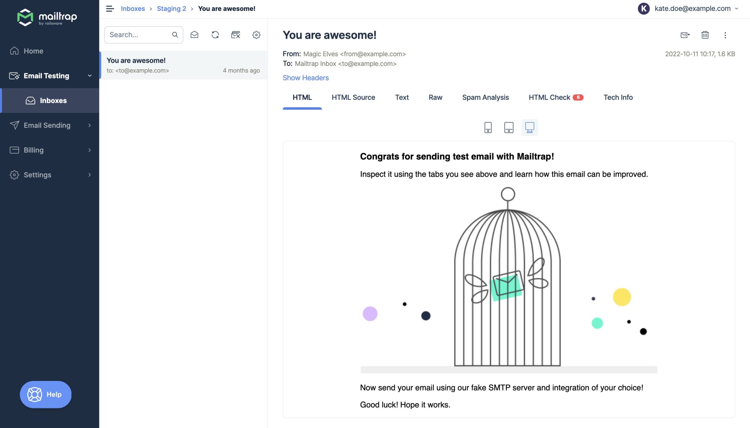 L’Email Testing de Mailtrap - Prévisualisation des emails dans la boîte de réception