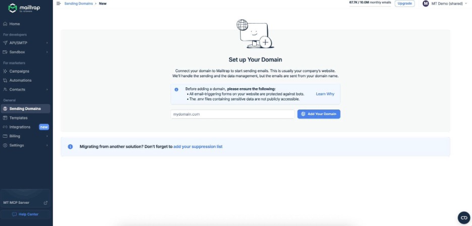 This is an image showing the Mailtrap Sending Domains tab