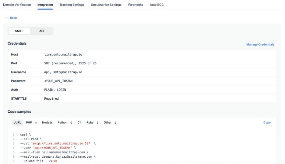 This is an image showing the Mailtrap SMTP integration