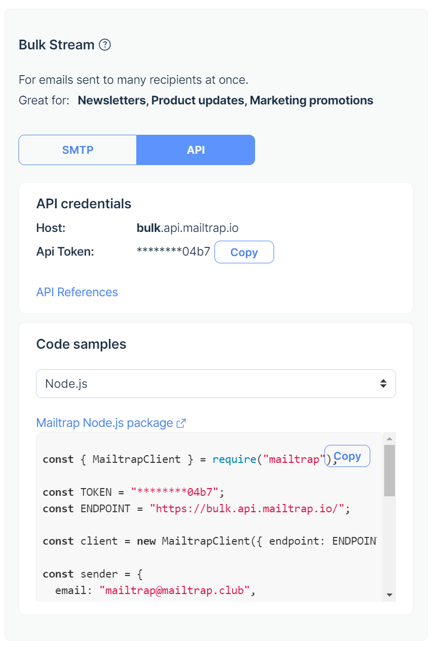Bulk Stream no Mailtrap para Node.js