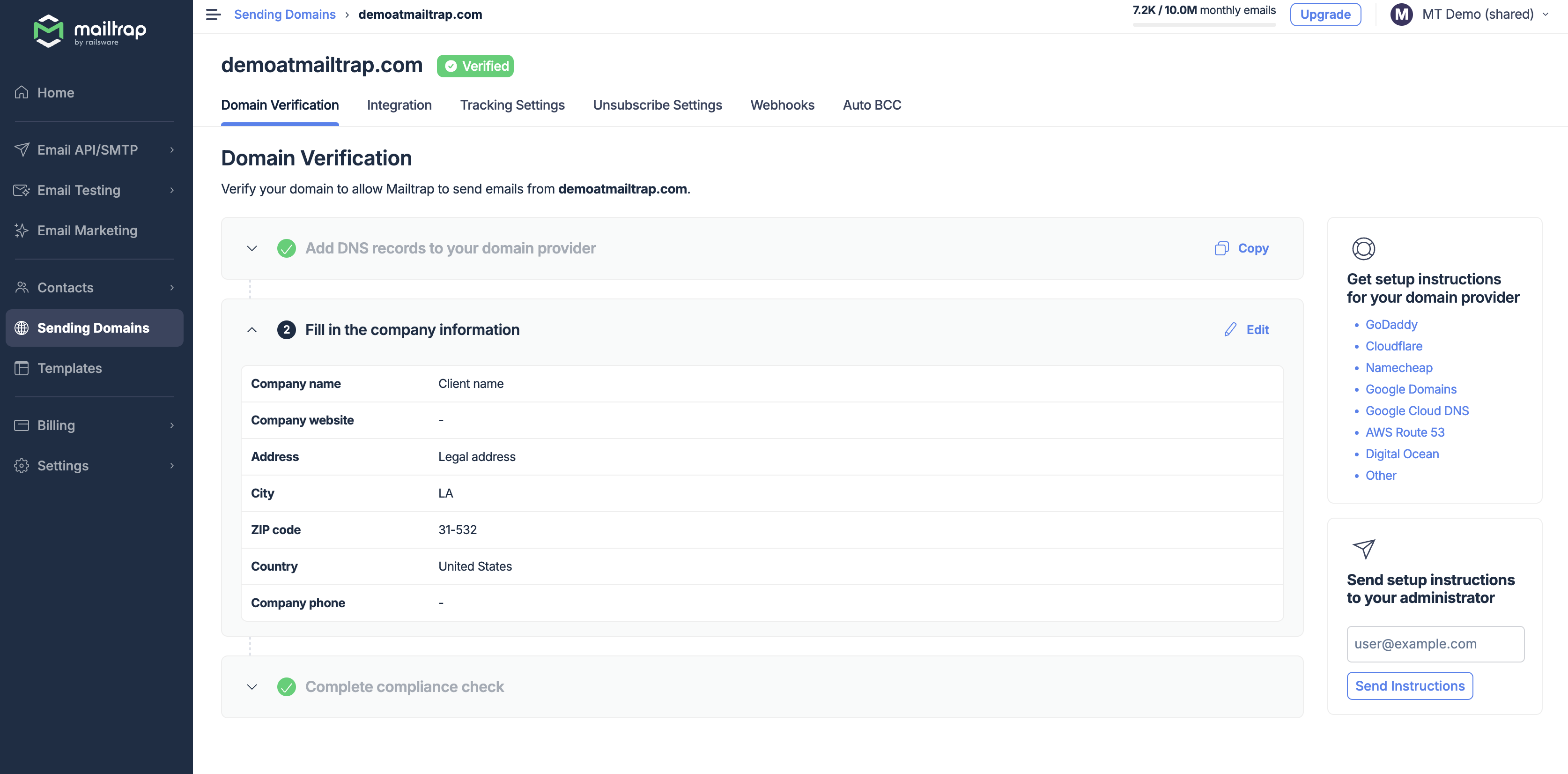 Domain verification tab - verified domain