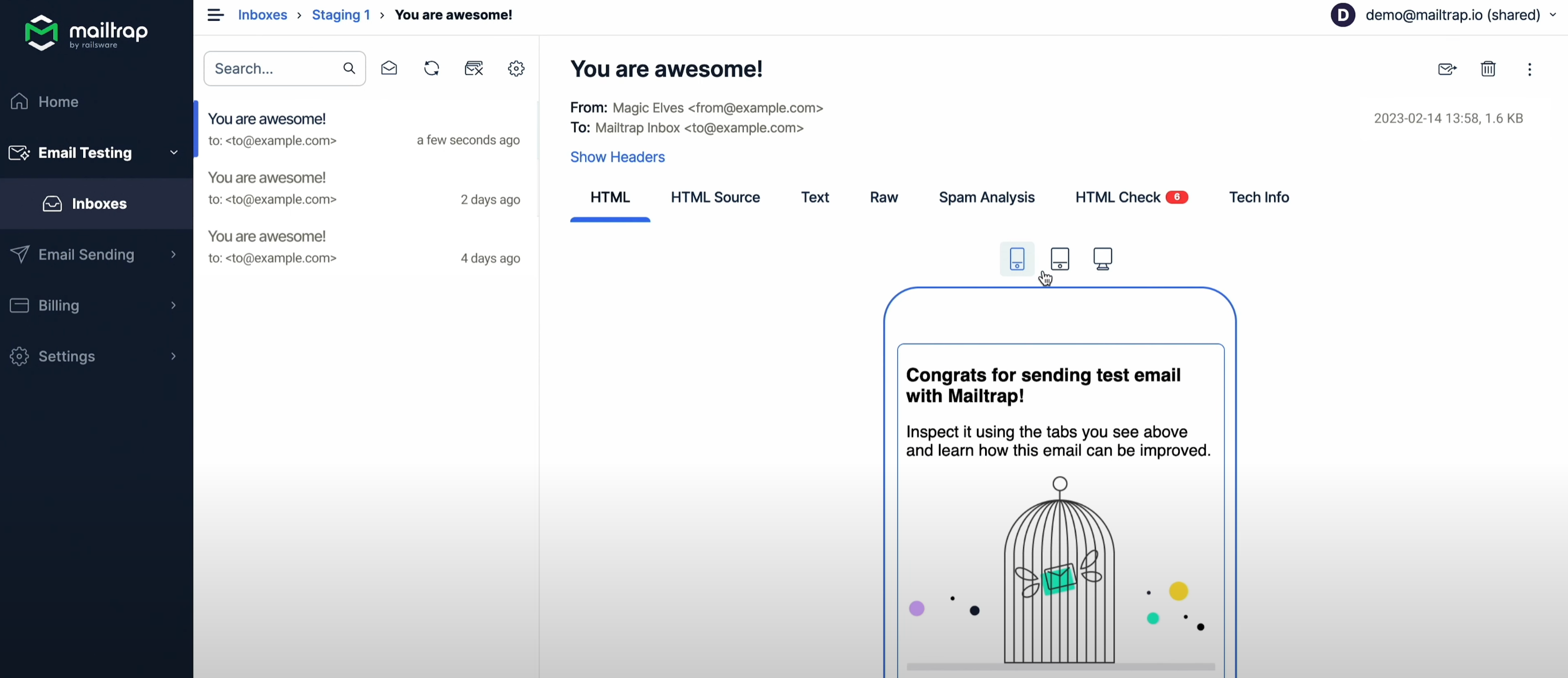 Pré-visualização de email do Mailtrap