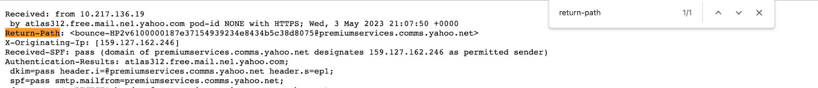 Finding the email return path in Yahoo 