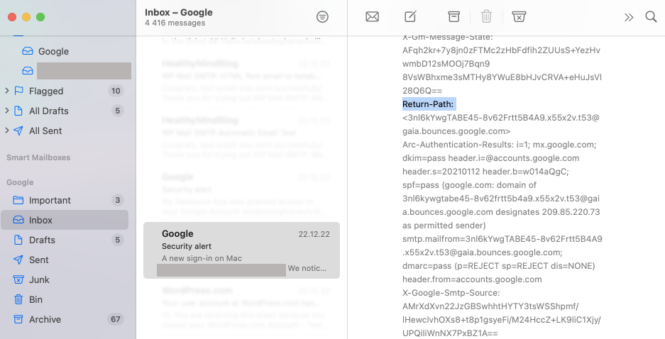 Viewing the return path in Apple Mail 