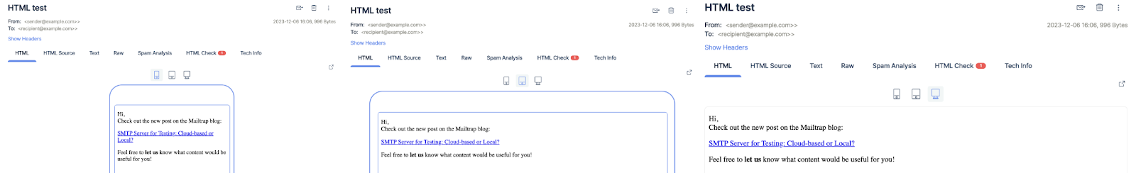 Desktop, mobile, and tablet previews in Mailtrap Email Testing