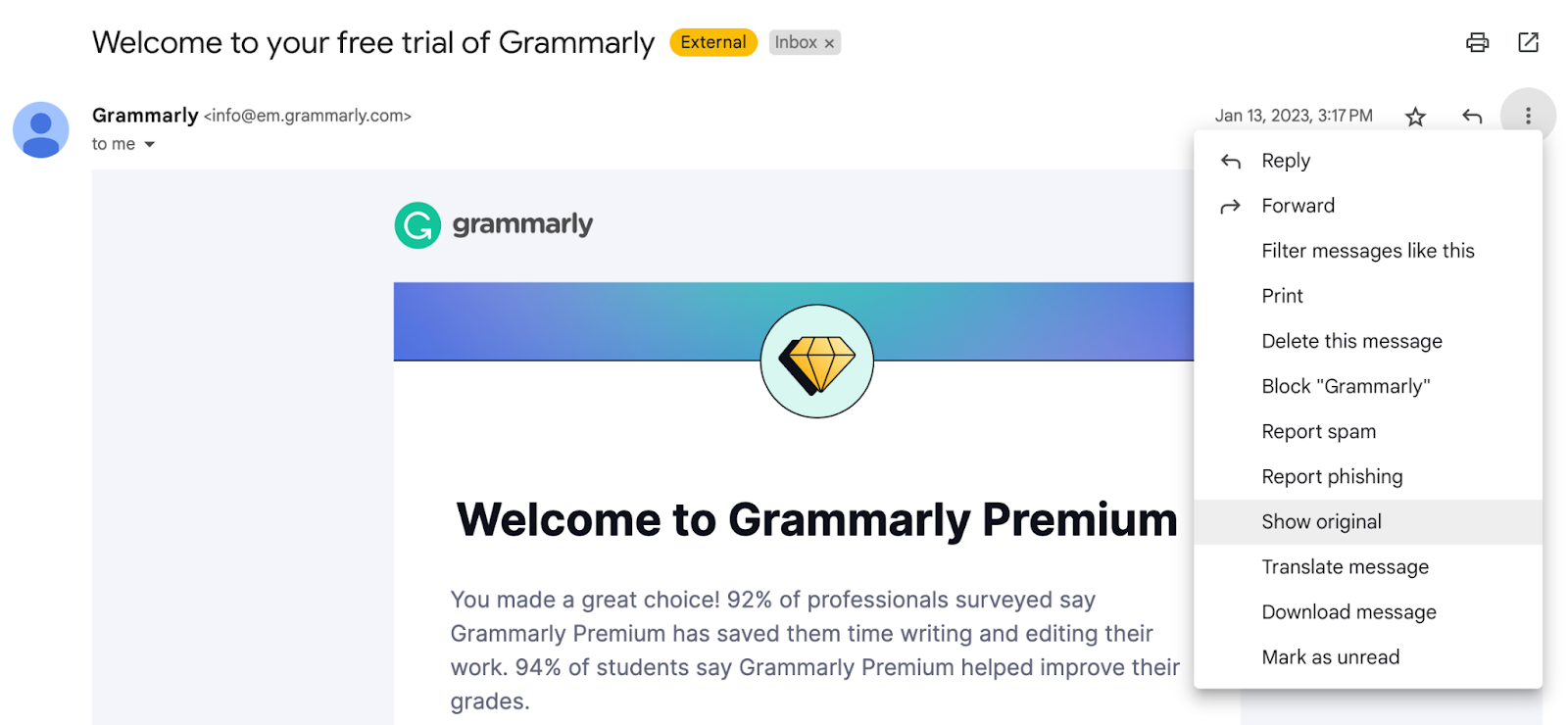 Pressing show original in Gmail 