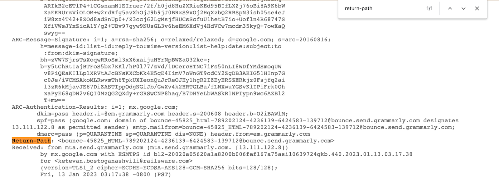 Finding the return path email in the Gmail 