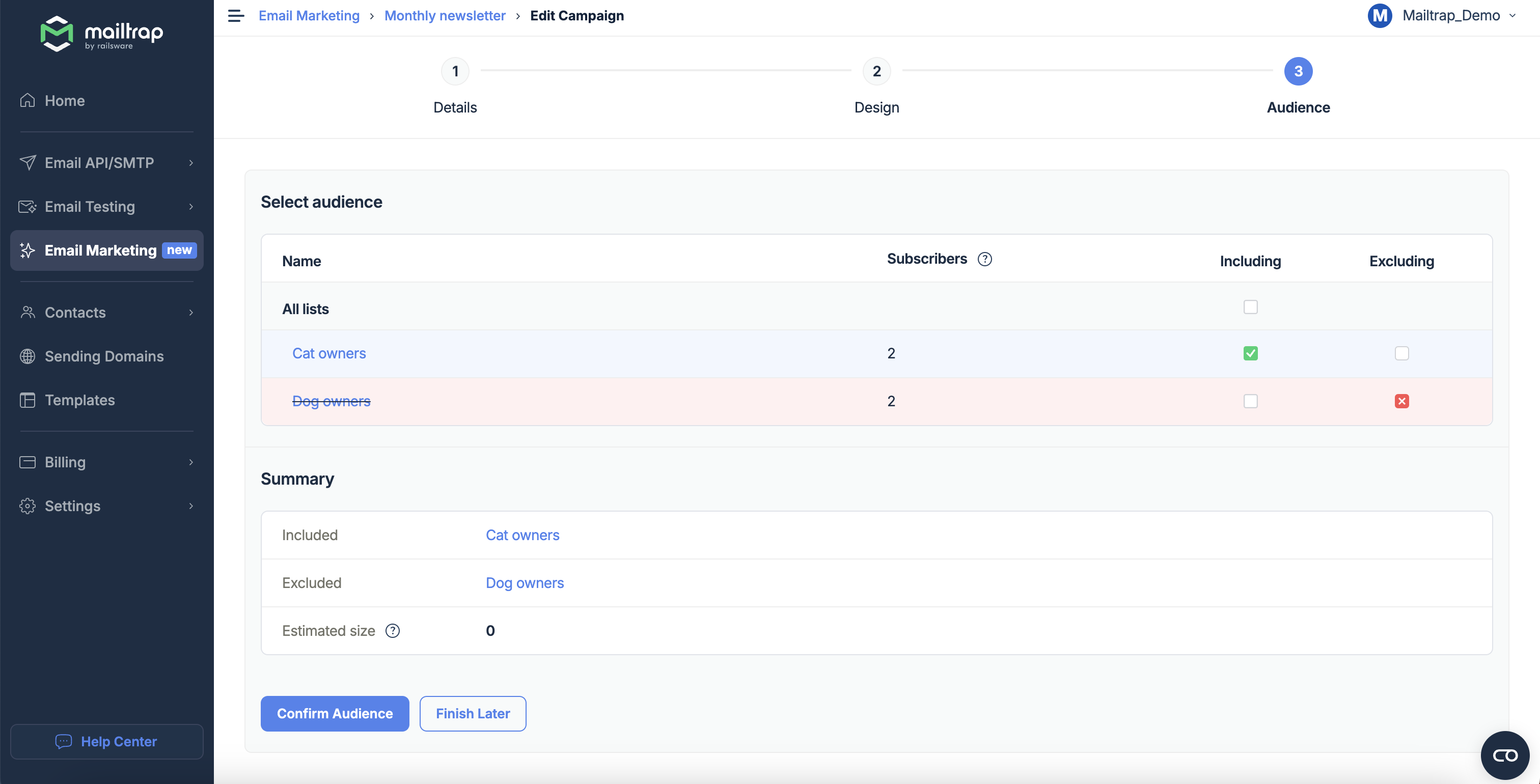 Including and excluding lists from Email Marketing campaigns