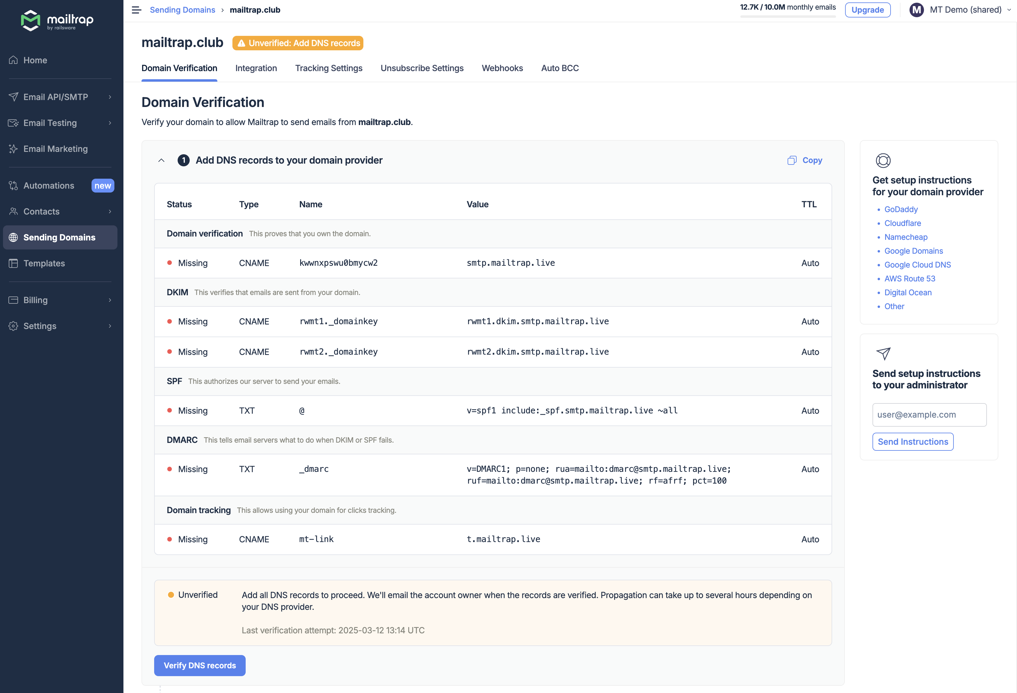 Mailtrap domain verification - DNS records