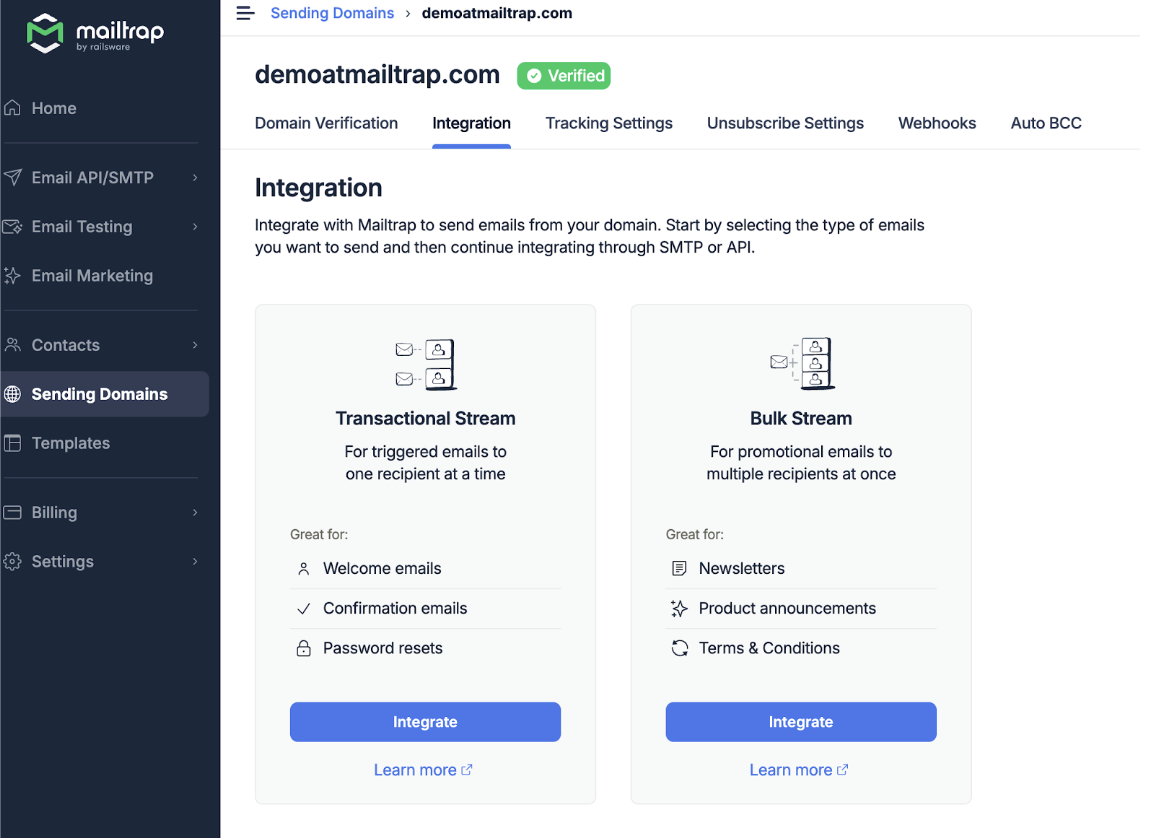 Mailtrap Sending Domains Integration selection tab