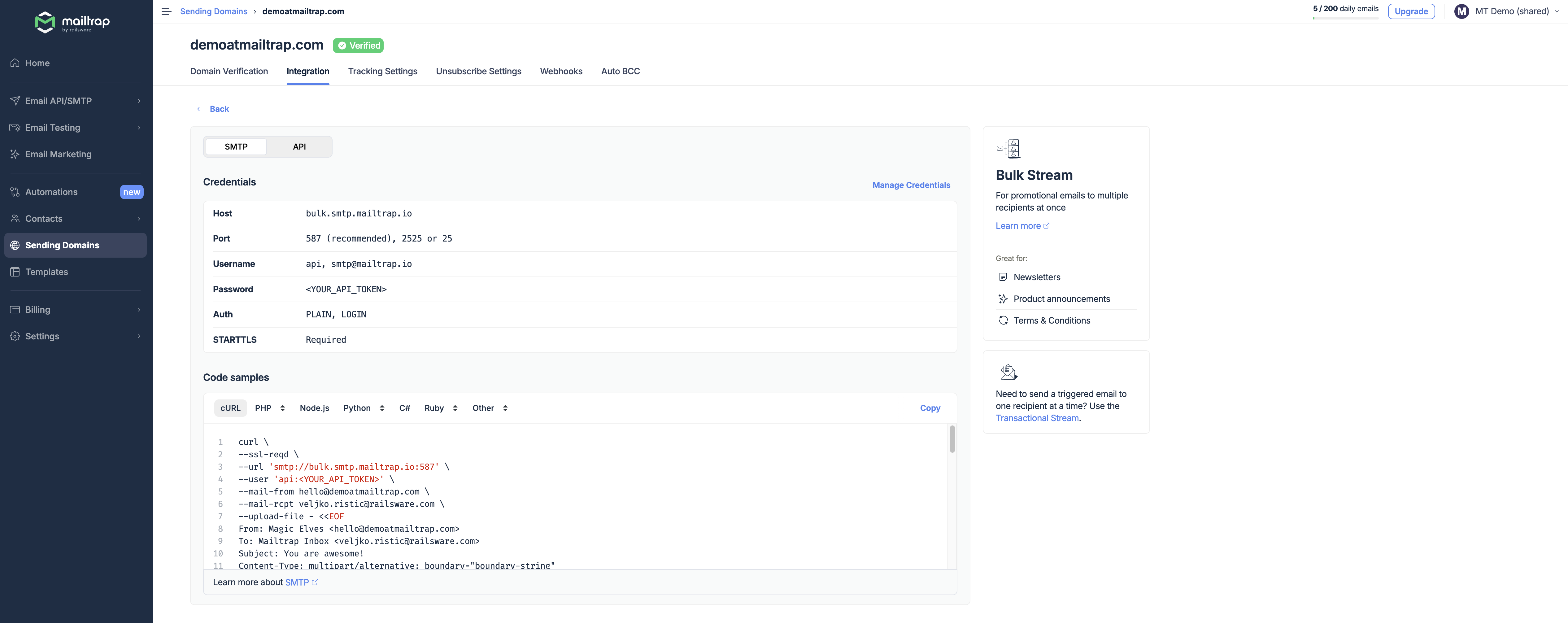 Mailtrap SMTP Bulk Stream Integration