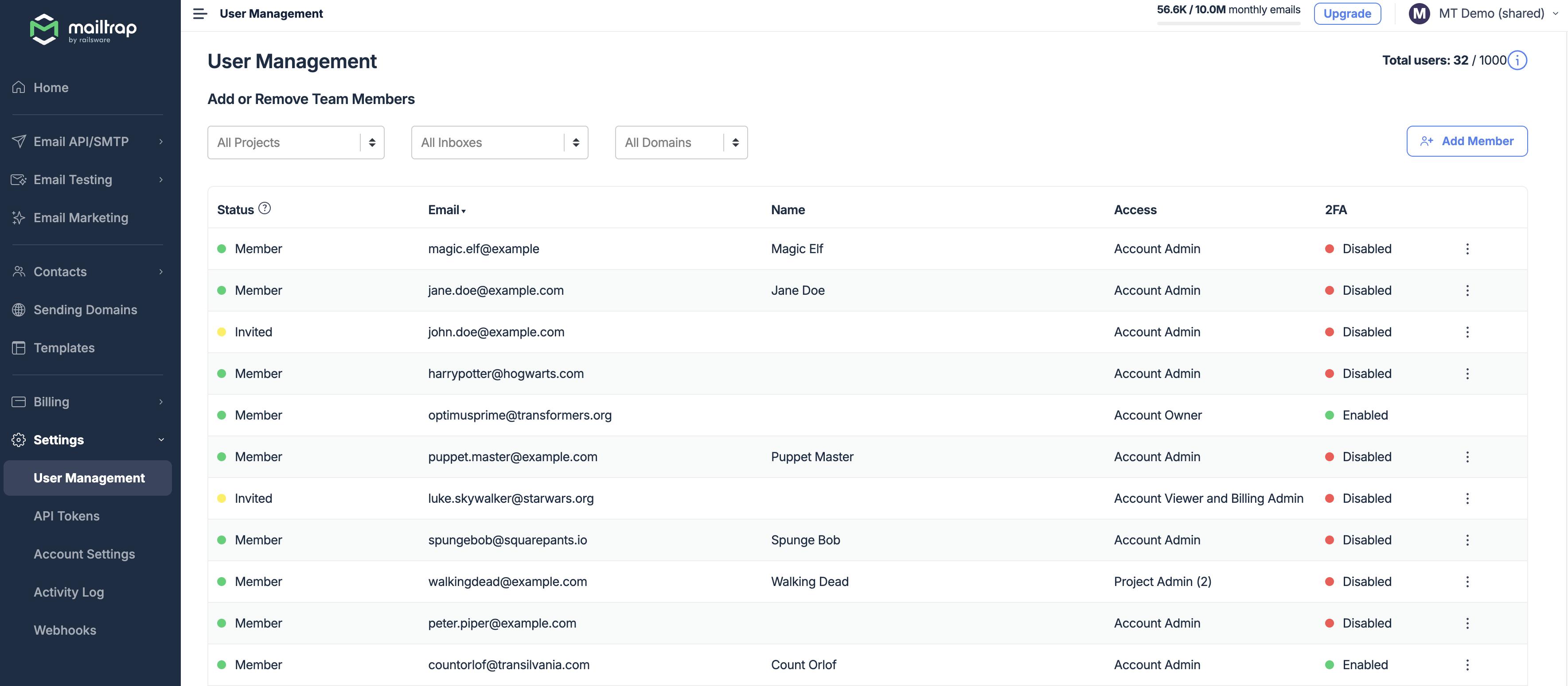 Mailtrap user management menu