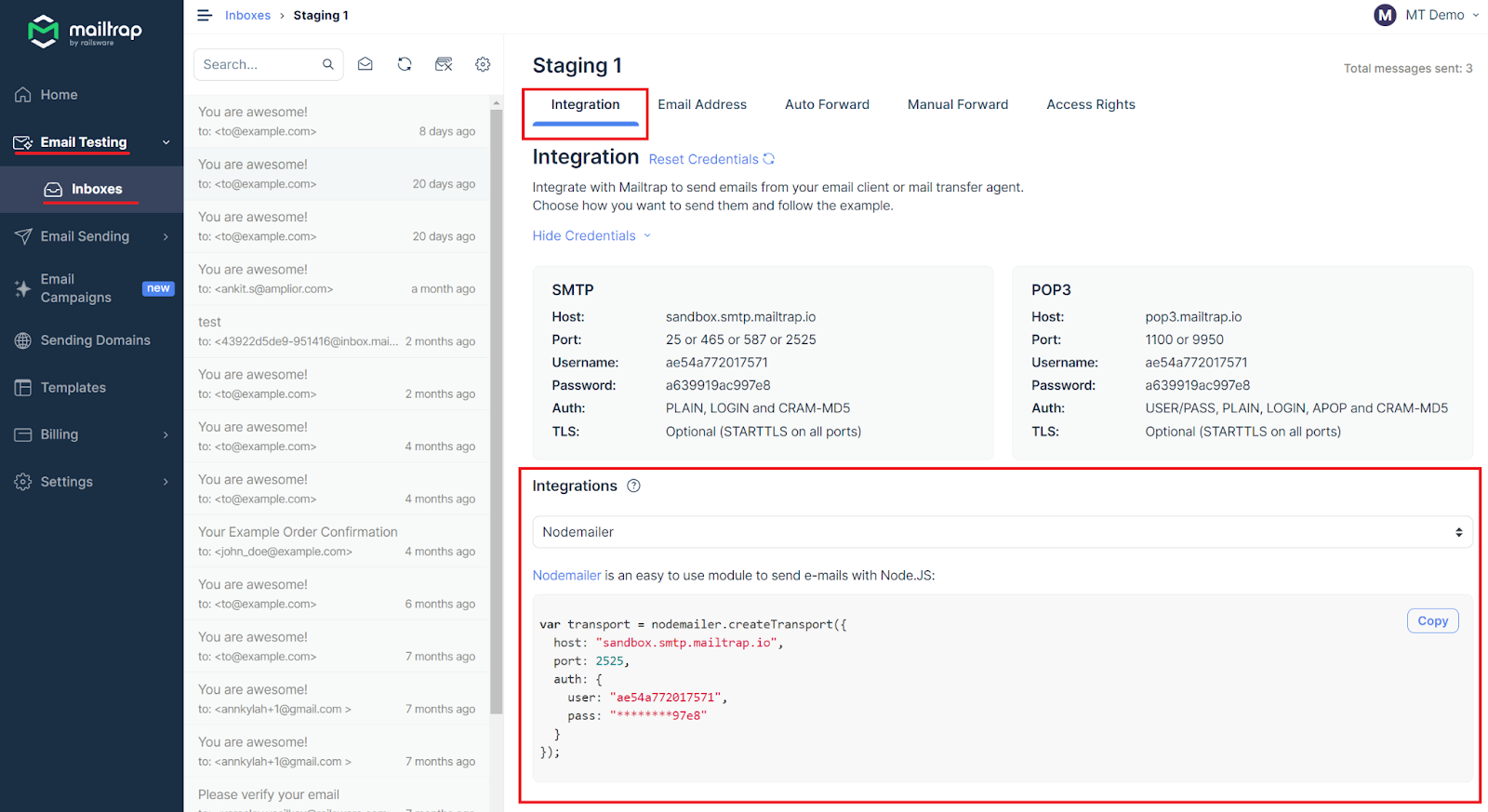 Integração com Node.js no Mailtrap