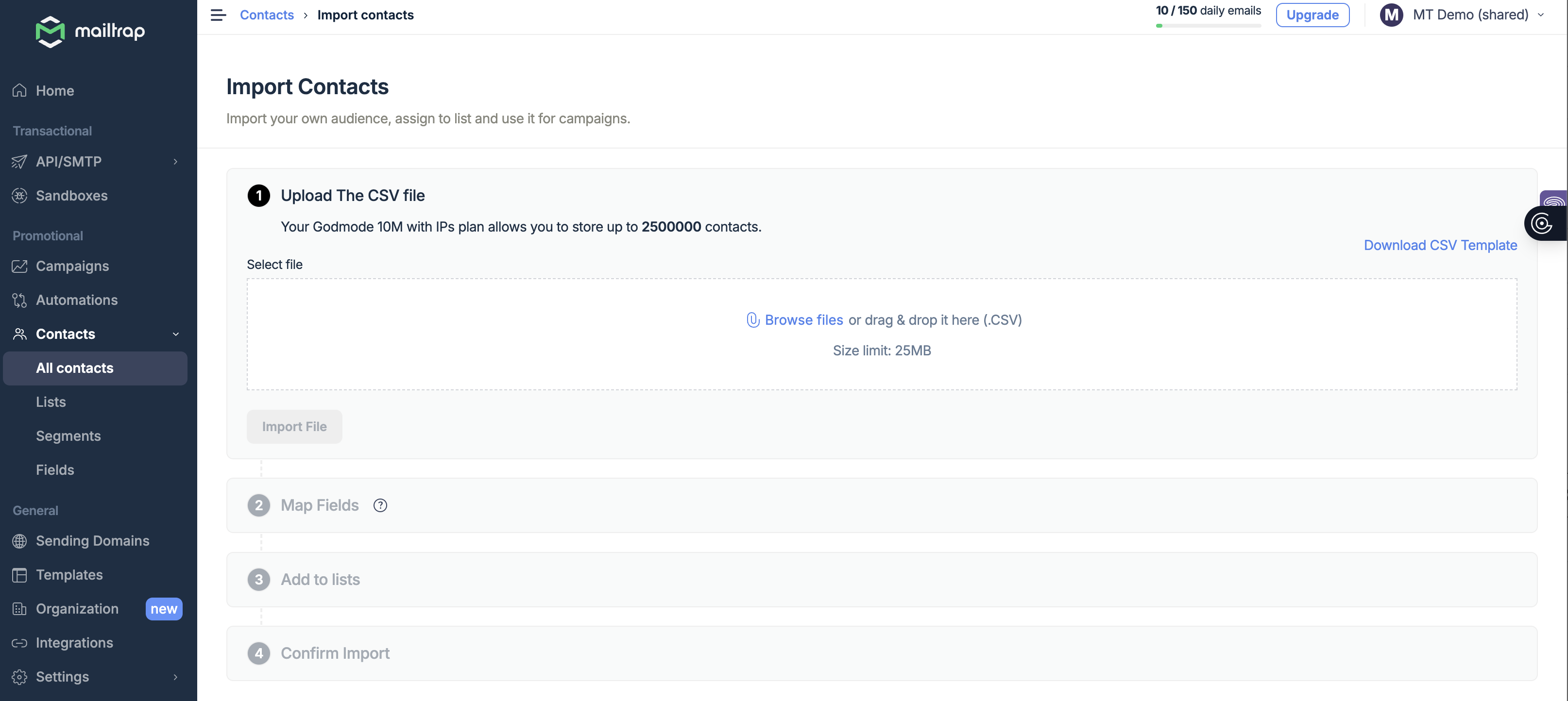 Mailtrap add contacts menu