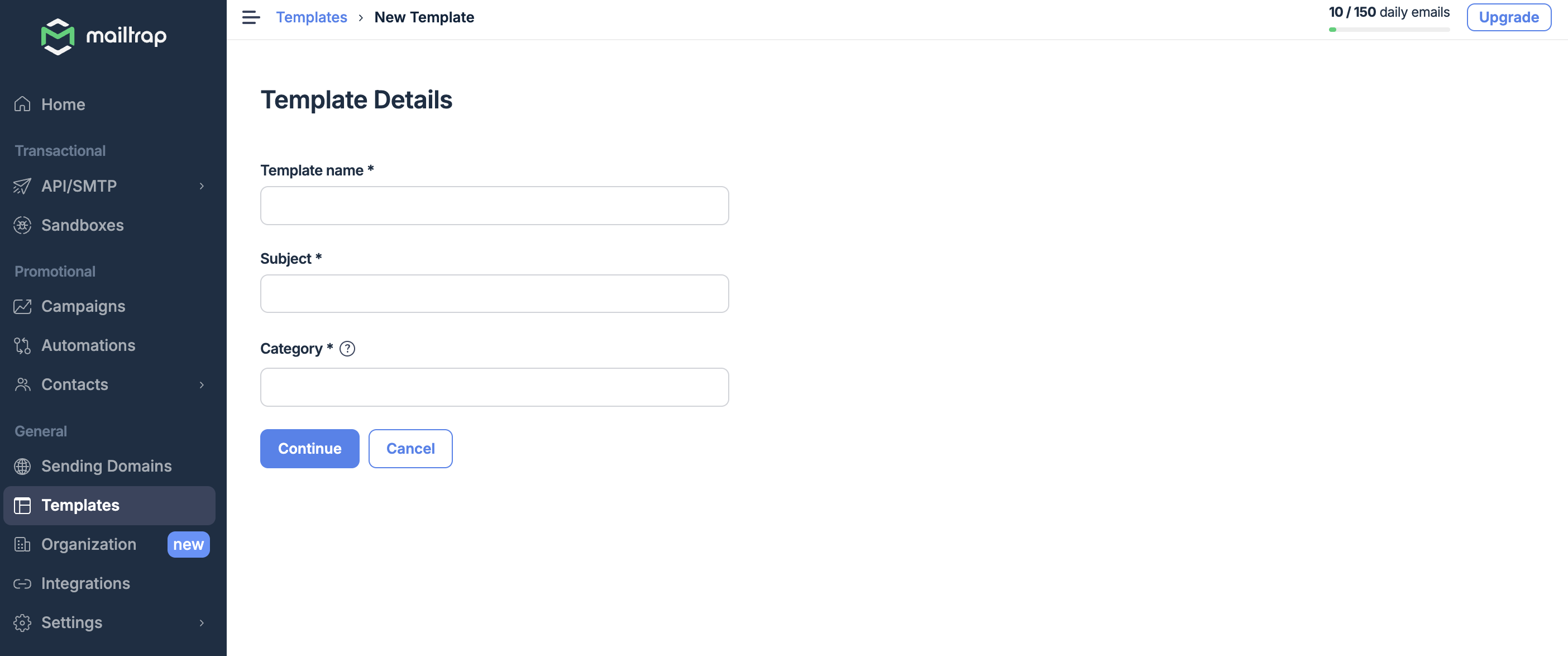 Mailtrap email templates create a new template menu