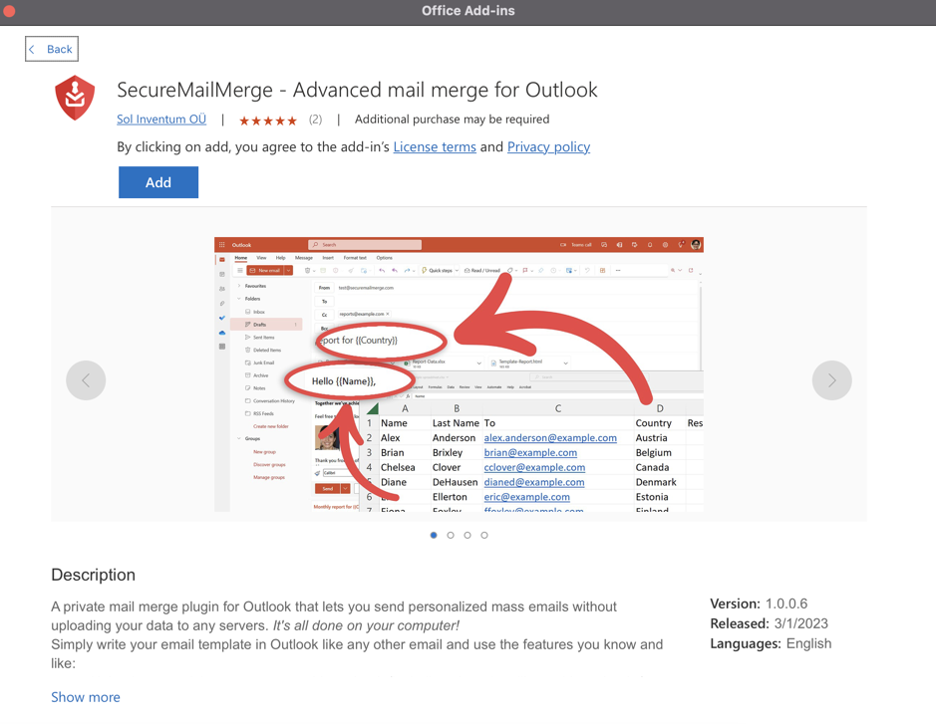Secure Mail Merge add-in page