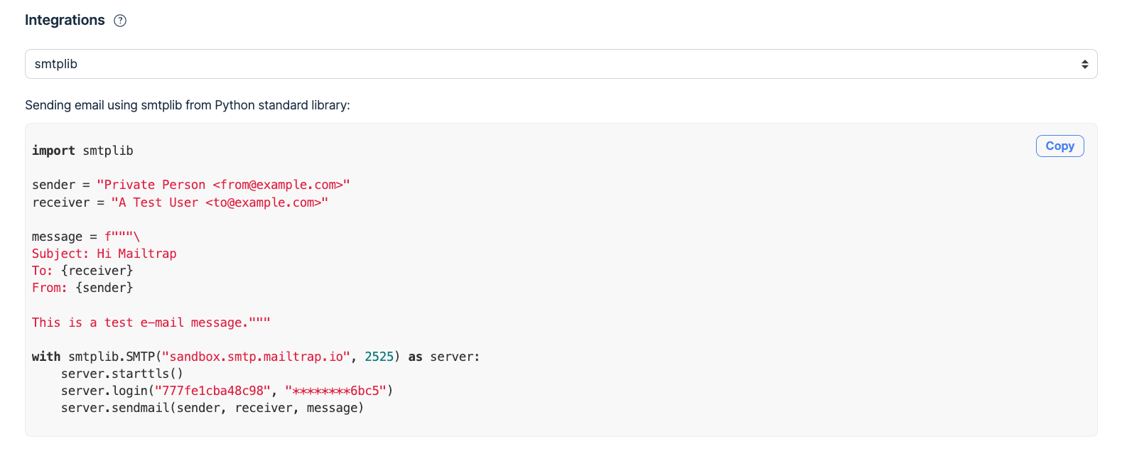Mailtrapのメール送信の統合 smtplib