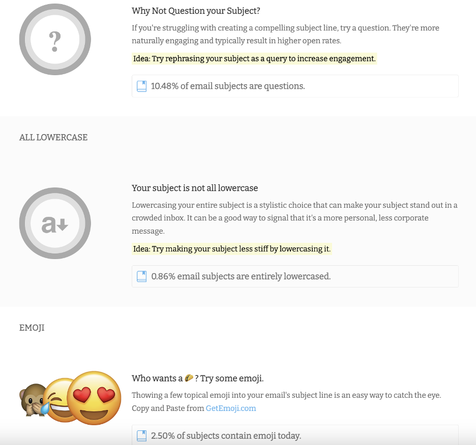 This is an image showing the Subject Line Tester by Send Check It suggestions