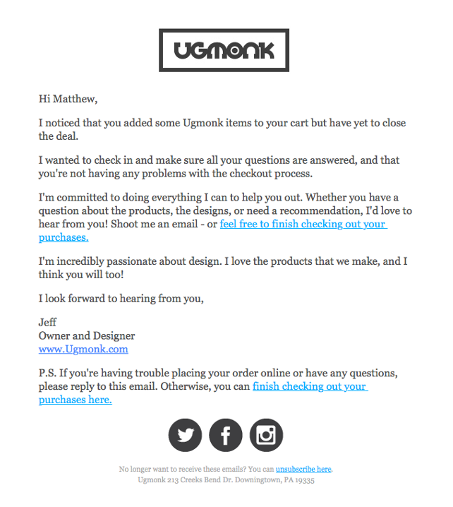 This is an image showing a Ugmonk email