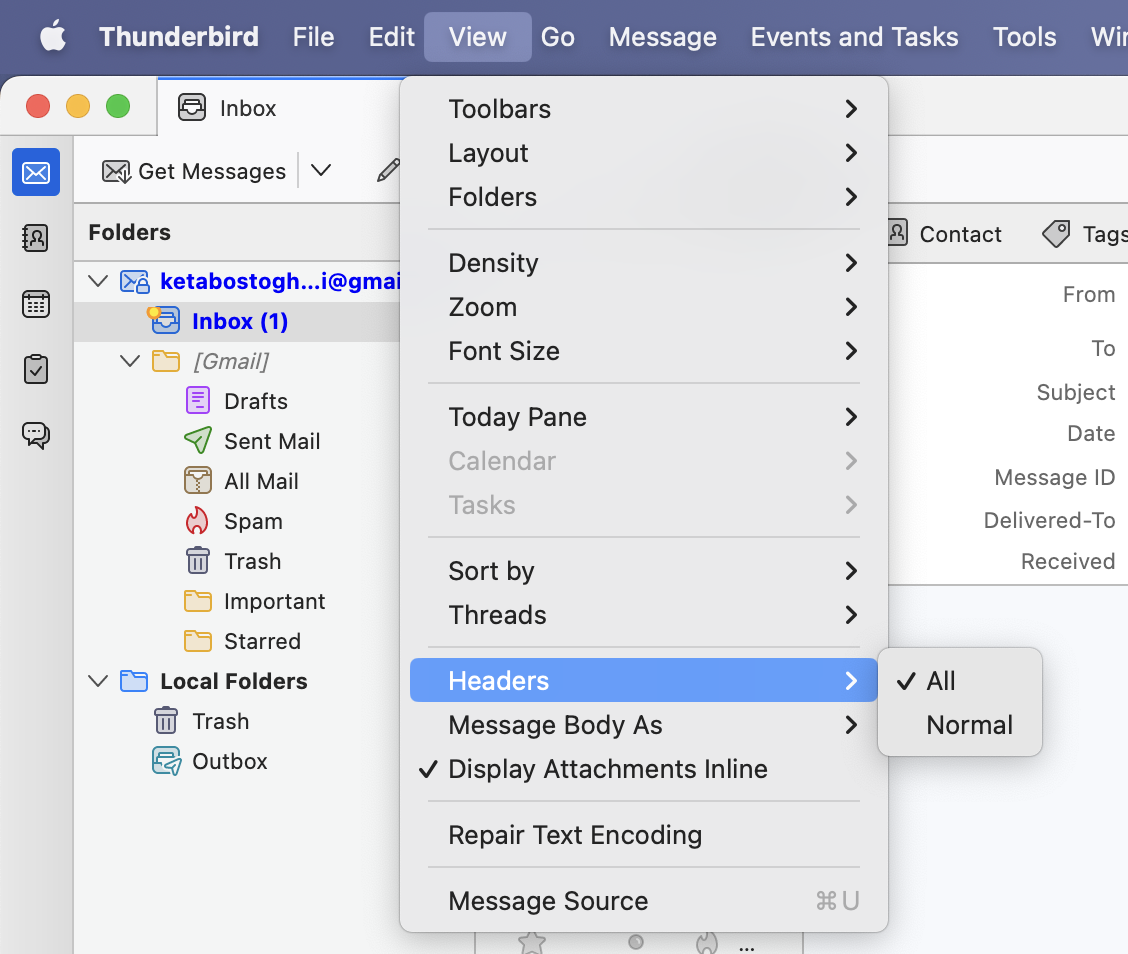 Viewing email headers in thunderbird